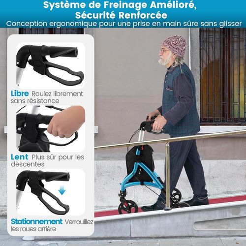 Déambulateur à 3 Roues Pliable En Aluminium, Hauteur Réglable Avec Panier De Rangement (bleu)