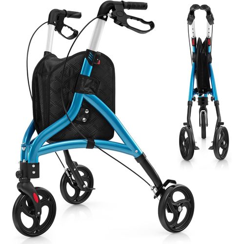 Déambulateur à 3 Roues Pliable En Aluminium, Hauteur Réglable Avec Panier De Rangement (bleu)