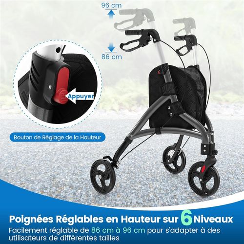 Déambulateur à 3 Roues Pliable En Aluminium, Hauteur Réglable Avec Panier De Rangement (gris)