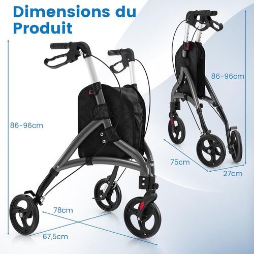 Déambulateur à 3 Roues Pliable En Aluminium, Hauteur Réglable Avec Panier De Rangement (gris)