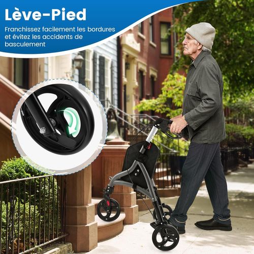 Déambulateur à 3 Roues Pliable En Aluminium, Hauteur Réglable Avec Panier De Rangement (gris)