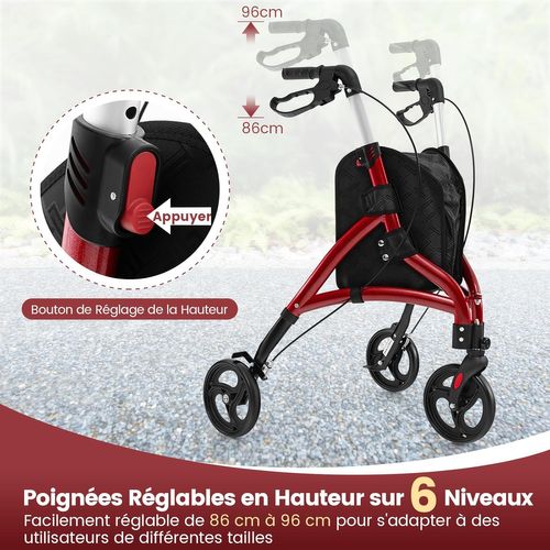 Déambulateur à 3 Roues Pliable En Aluminium, Hauteur Réglable Avec Panier De Rangement (rouge)