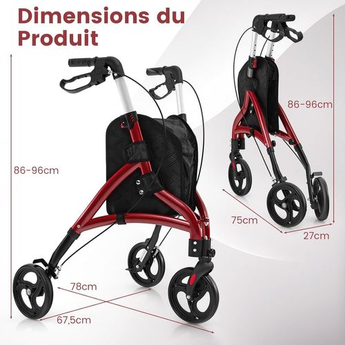 Déambulateur à 3 Roues Pliable En Aluminium, Hauteur Réglable Avec Panier De Rangement (rouge)