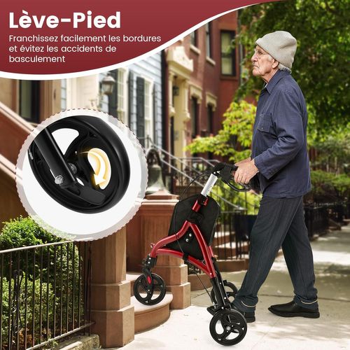 Déambulateur à 3 Roues Pliable En Aluminium, Hauteur Réglable Avec Panier De Rangement (rouge)