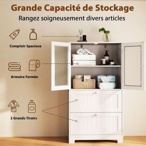 Armoire De Salle De Bain Avec 2 Portes En Verre Givré, Étagère Réglable, 30 X 60 X 108 Cm