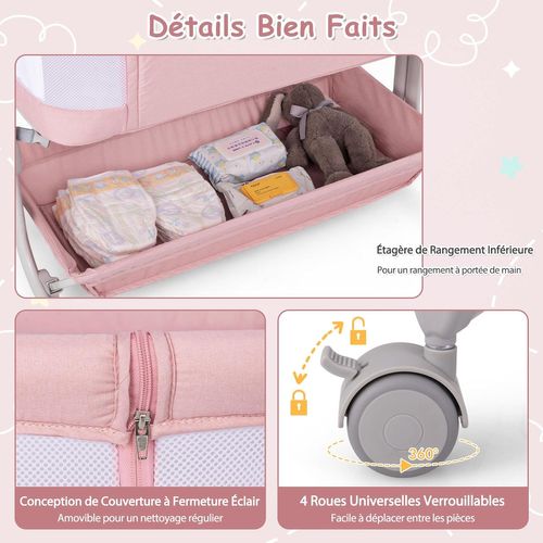 Lit Cododo Bébé Avec Matelas et 6 Hauteur Réglable(75-85cm), Charge 9kg Pour 0-6 Mois,rose