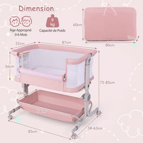 Lit Cododo Bébé Avec Matelas et 6 Hauteur Réglable(75-85cm), Charge 9kg Pour 0-6 Mois,rose