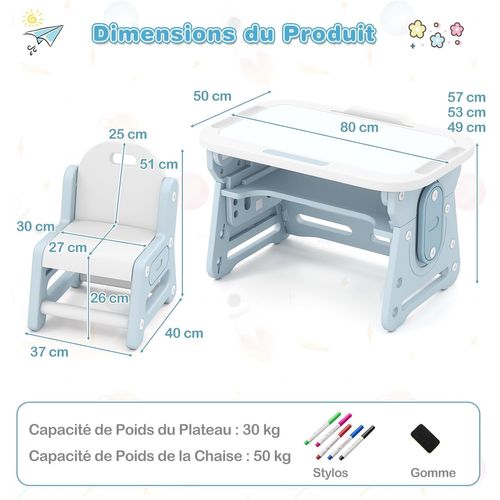 Table Enfant Avec Chaise, Table à Dessin Réglable En Hauteur,chaise Ergonomique(bleu)