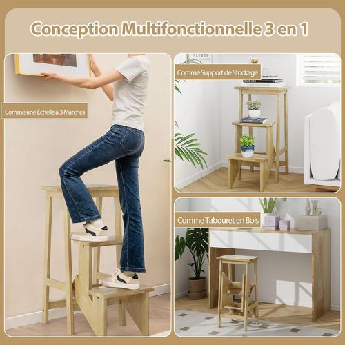 Tabouret Escabeau En Bois D'hévéa, Marchepied 3 Marches Réversibles, 57 X 41 X 76 Cm (naturel)