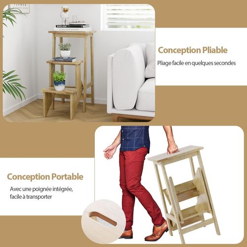Tabouret Escabeau En Bois D'hévéa, Marchepied 3 Marches Réversibles, 57 X 41 X 76 Cm (naturel)