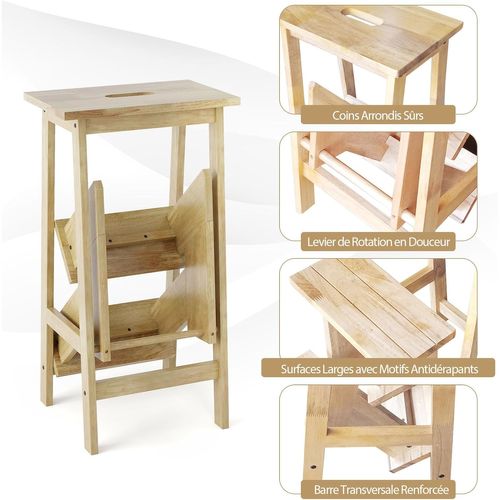 Tabouret Escabeau En Bois D'hévéa, Marchepied 3 Marches Réversibles, 57 X 41 X 76 Cm (naturel)