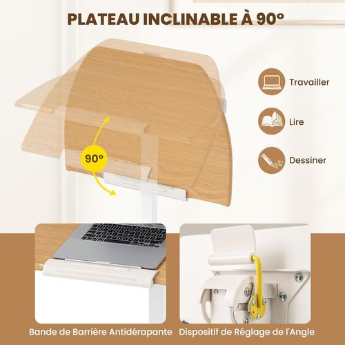 Bureau Sur Roulettes Pliable, Plateau Inclinable à 90°, Pupitre 74-109 Cm, Sans Montage