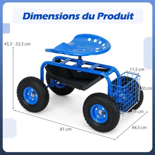 Chariot Jardinage Avec Siège Roulant Réglable Pivotant 360° Plateau Panier, Bleu