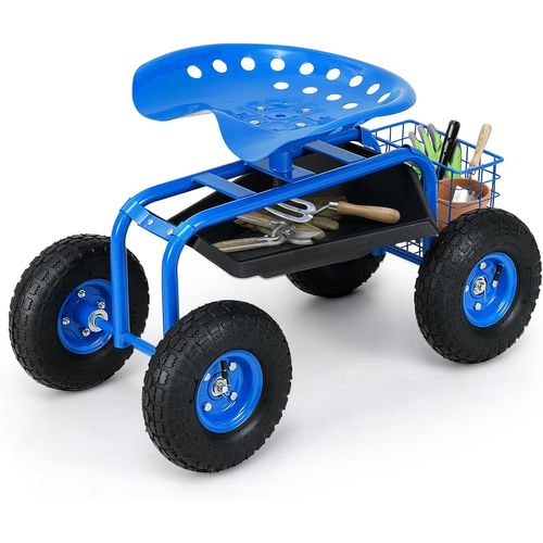 Chariot Jardinage Avec Siège Roulant Réglable Pivotant 360° Plateau Panier, Bleu