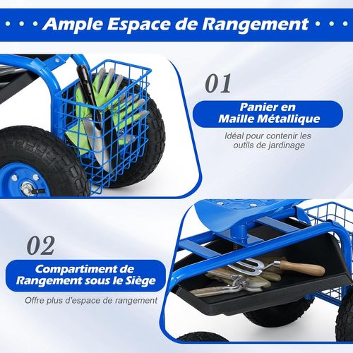 Chariot Jardinage Avec Siège Roulant Réglable Pivotant 360° Plateau Panier, Bleu