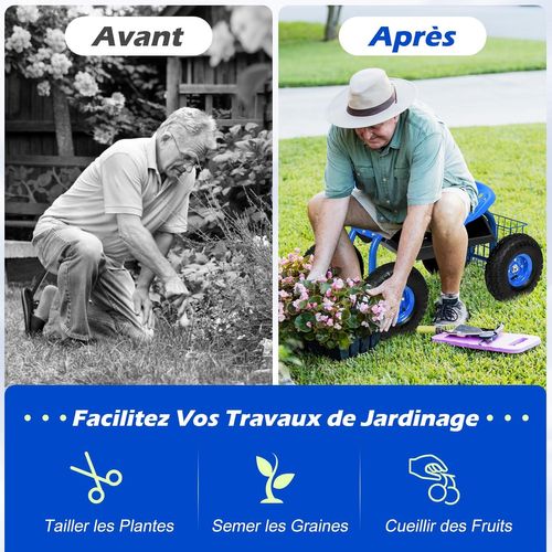 Chariot Jardinage Avec Siège Roulant Réglable Pivotant 360° Plateau Panier, Bleu