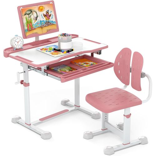 Bureau Enfant Fille Garçon Avec Chaise Ergonomique et Plateau Incliné, Hauteur Réglable (rose)
