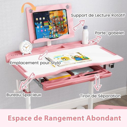 Bureau Enfant Fille Garçon Avec Chaise Ergonomique et Plateau Incliné, Hauteur Réglable (rose)