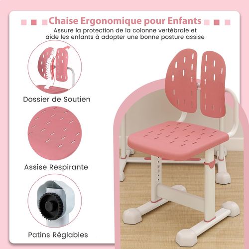 Bureau Enfant Fille Garçon Avec Chaise Ergonomique et Plateau Incliné, Hauteur Réglable (rose)