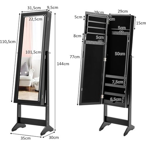 Armoire à Bijoux Sur Pied Avec Miroir Psyché, 3 Positions Réglables, Noir
