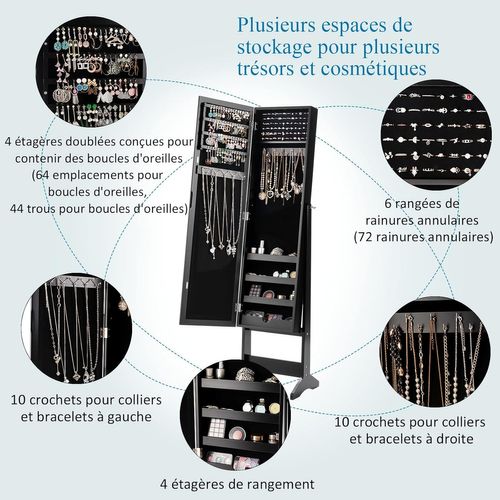 Armoire à Bijoux Sur Pied Avec Miroir Psyché, 3 Positions Réglables, Noir