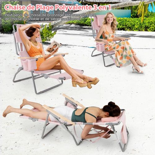 3 En 1 Chaise Longue Pliante, Chaise De Plage Réglable En 4 Positions (rose Pâle)