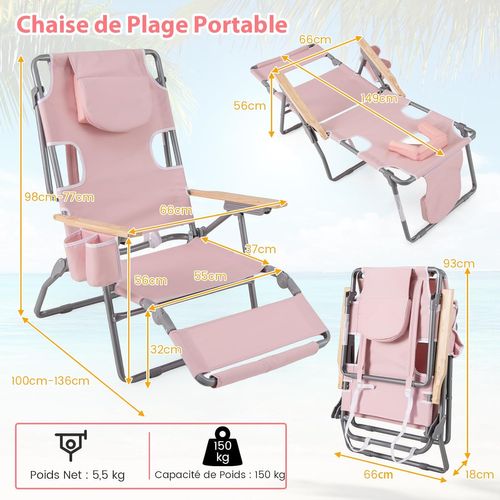 3 En 1 Chaise Longue Pliante, Chaise De Plage Réglable En 4 Positions (rose Pâle)
