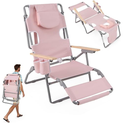 3 En 1 Chaise Longue Pliante, Chaise De Plage Réglable En 4 Positions (rose Pâle)