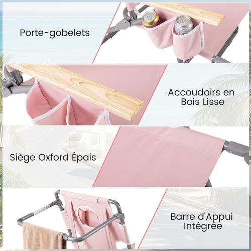 3 En 1 Chaise Longue Pliante, Chaise De Plage Réglable En 4 Positions (rose Pâle)