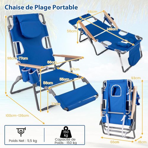 3 En 1 Chaise Longue Pliante, Chaise De Plage Réglable En 4 Positions, Trou De Visage (bleu)