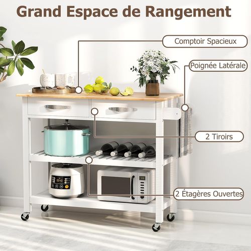 Dessertede De Cuisine à Roulettes, Chariot En Bois Avec Plan De Travail, 2 Tiroirs, Blanc