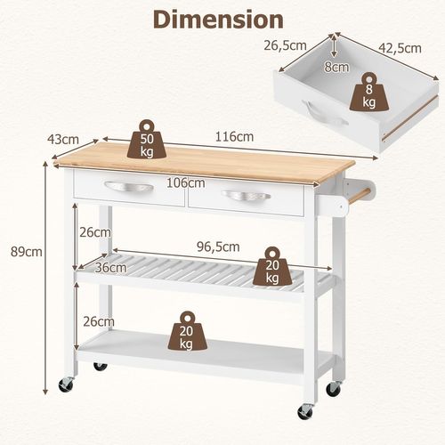 Dessertede De Cuisine à Roulettes, Chariot En Bois Avec Plan De Travail, 2 Tiroirs, Blanc