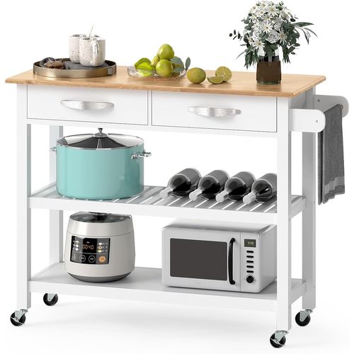 Dessertede De Cuisine à Roulettes, Chariot En Bois Avec Plan De Travail, 2 Tiroirs, Blanc