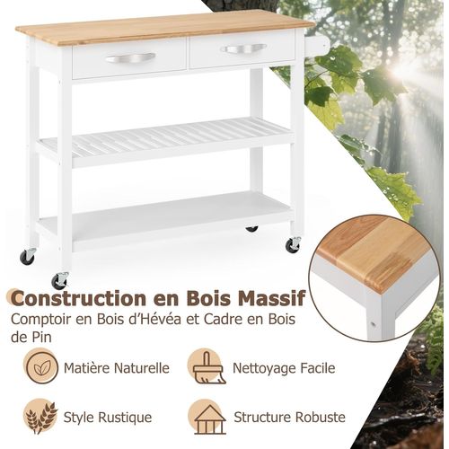 Dessertede De Cuisine à Roulettes, Chariot En Bois Avec Plan De Travail, 2 Tiroirs, Blanc