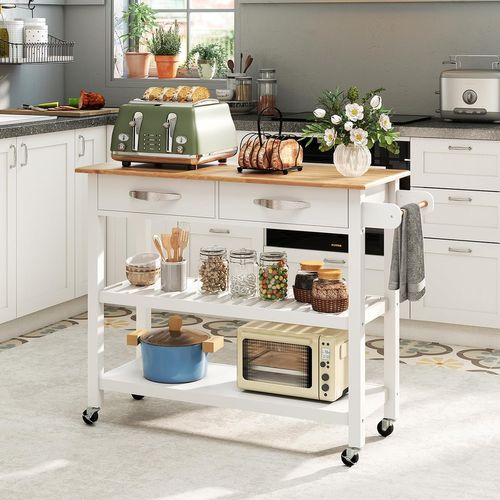 Dessertede De Cuisine à Roulettes, Chariot En Bois Avec Plan De Travail, 2 Tiroirs, Blanc