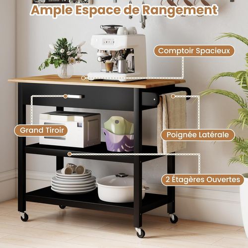 Dessertede De Cuisine à Roulettes, Chariot à 3 Niveaux En Bois Avec Plan De Travail, Noir