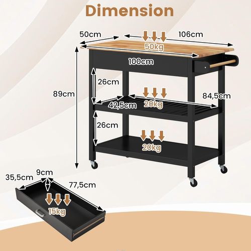 Dessertede De Cuisine à Roulettes, Chariot à 3 Niveaux En Bois Avec Plan De Travail, Noir