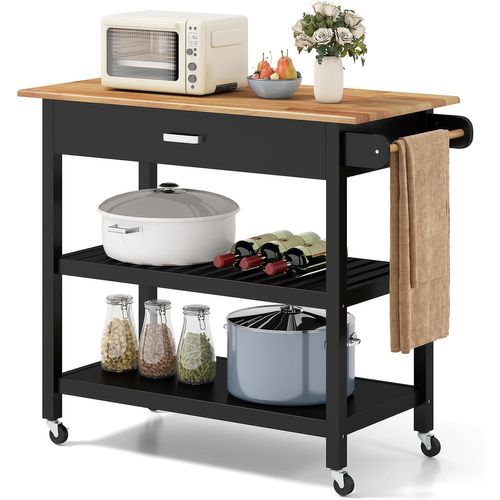 Dessertede De Cuisine à Roulettes, Chariot à 3 Niveaux En Bois Avec Plan De Travail, Noir