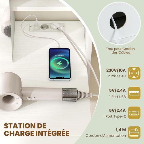 Coiffeuse Avec Miroir Et Tabouret, Station De Charge, 2 Tiroirs, 3 Étagères Ouvertes (blanc)