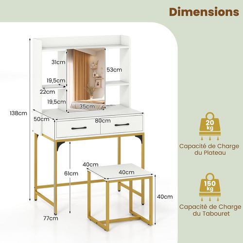 Coiffeuse Avec Miroir Et Tabouret, Station De Charge, 2 Tiroirs, 3 Étagères Ouvertes (blanc)