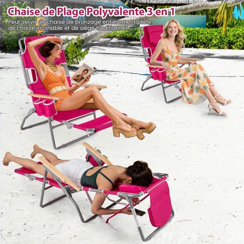 3 En 1 Chaise Longue Pliante, Réglable En 4 Positions, Trou De Visage, Appui-tête (rose Fuchsia)