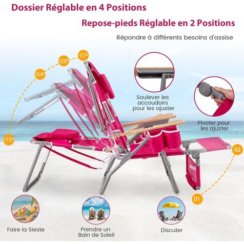 3 En 1 Chaise Longue Pliante, Réglable En 4 Positions, Trou De Visage, Appui-tête (rose Fuchsia)