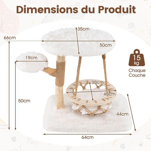 Petit Arbre à Chat 66 Cm, Arbre à Chat En Bois D’poirier, Berceau, Poteaux à Griffer En Jute