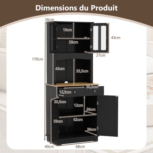 Buffet Cuisine, Meuble Cuisine Rangement 2 Tiroirs Et 2 Placards (68 X 40 X 170 Cm,noir)