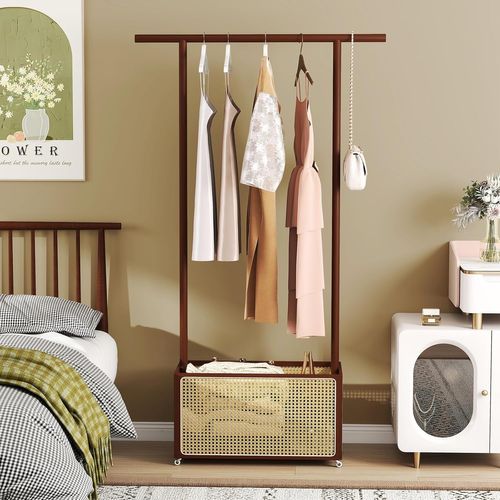 Porte-vêtements En Bambou Avec Panier Linge En Rotin Pe, Triangle, Boîte De Rangement