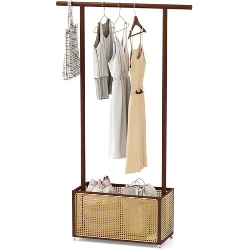 Porte-vêtements En Bambou Avec Panier Linge En Rotin Pe, Triangle, Boîte De Rangement