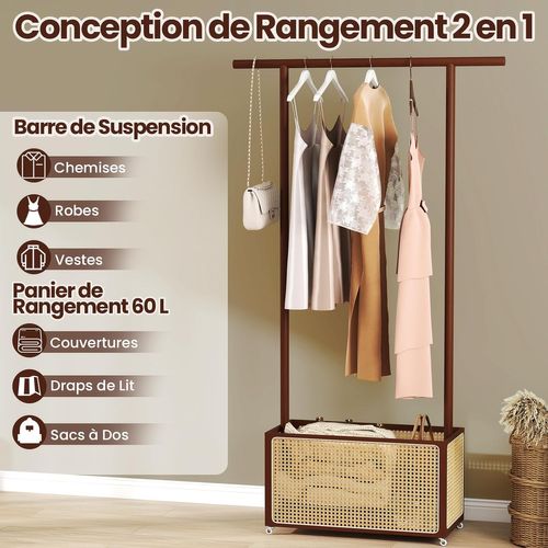 Porte-vêtements En Bambou Avec Panier Linge En Rotin Pe, Triangle, Boîte De Rangement