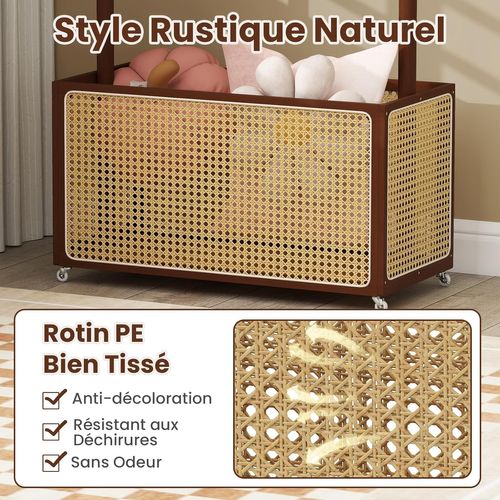 Porte-vêtements En Bambou Avec Panier Linge En Rotin Pe, Triangle, Boîte De Rangement