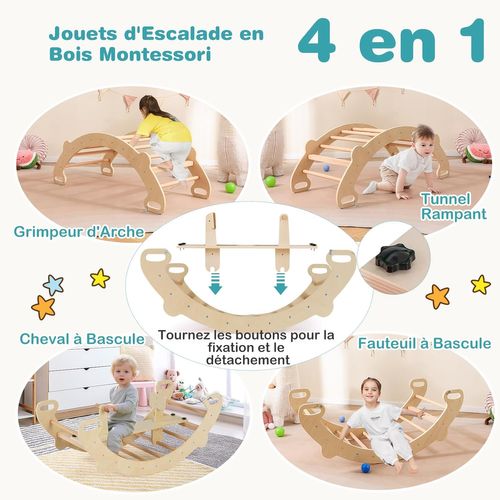 4 En 1 Chaise à Bascule En Bois Enfant Avec Siège Amovible,poignée,35° Balancement (naturel)