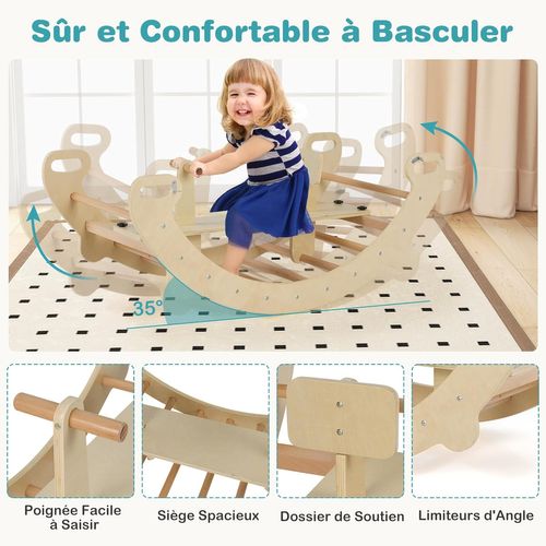 4 En 1 Chaise à Bascule En Bois Enfant Avec Siège Amovible,poignée,35° Balancement (naturel)
